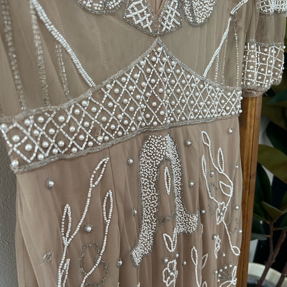 Beaded Embellished Nude Sheer Mini Dress with Sleeves - Picture 3 of 6